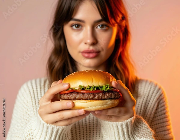 Fototapeta girl in knitted sweater holding hamburger in hands. young woman in hipster style.