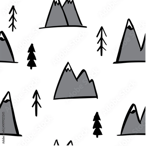 Fototapeta Mountains trees adventure doodle art seamless pattern