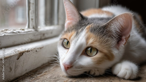 Fototapeta Beautiful Calico Cat Staring Out the Window in Peaceful Moment for National Adopt a Cat Month Awareness Campaign