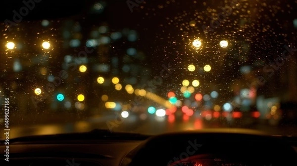 Obraz Urban night drive through a rain-streaked windshield, streetlights blur into golden orbs. A quiet journey through the glowing city.