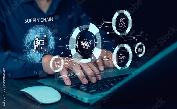 Fototapeta Supply Chain Management concept transportation and logistic suppliers, import export and transport industry. network distribution growth. container cargo ship and trucks of industrial cargo freight
