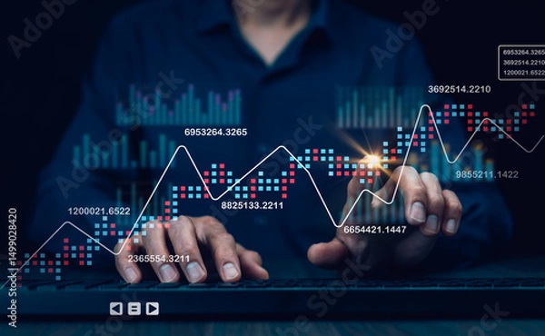 Fototapeta Businessman interacting with laptops, phones, and tablets with featuring stock tickers or graphs, cryptocurrency and new trading platforms, ideas and perspectives, Stock investment,New technology