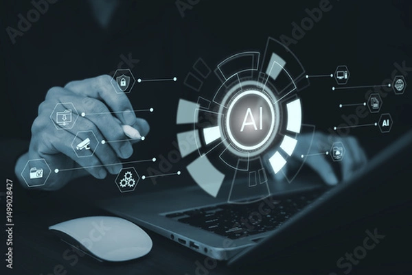 Obraz Programmer people working laptops or smartphones with AI, artificial intelligence software engineer coding on laptop computers with technology icons and binary code, big data, Ai bot digital machine