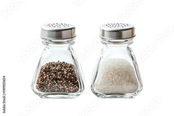 Obraz Glass salt and pepper shakers with metal lids filled with ground salt and pepper granules isolated on a transparent background