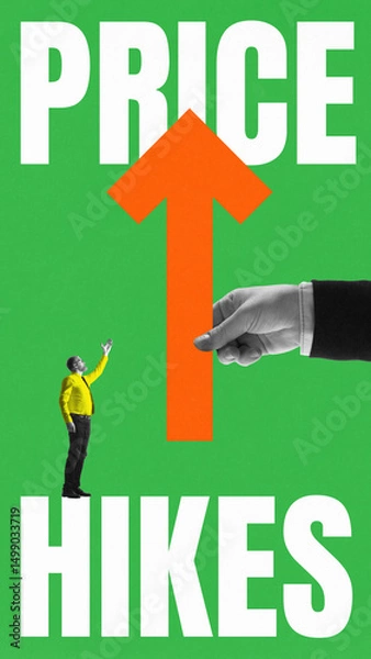 Fototapeta Contemporary art collage. Man looks up at giant arrow rising upward while hand pushes it higher, reflecting pain of everyday price hikes and inflation. Concept of rising costs, economic crisis.