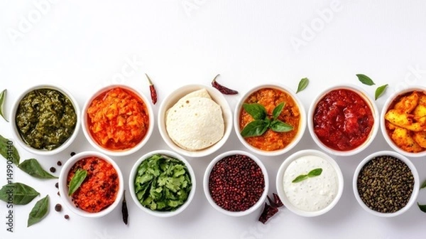 Obraz Colorful Display of Fresh Sauces and Spices in Bowls on White Surface