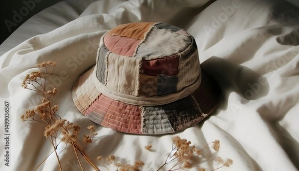 Fototapeta Eco-friendly patchwork bucket hat mockup made from recycled fabric presented on white linen and dried flowers