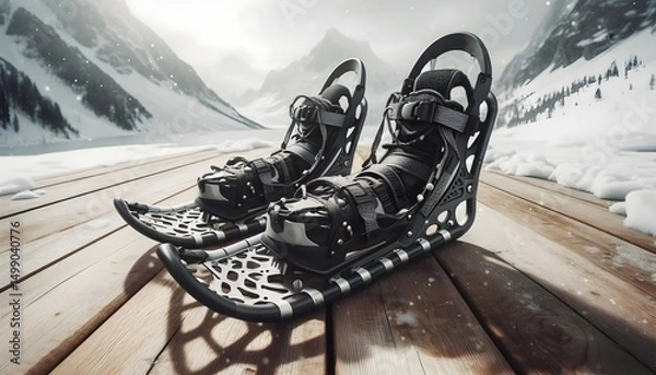 Obraz Foldable snowshoe with durable metal crampons and strap details shown on light snowy wooden deck surface
