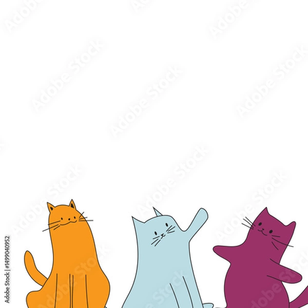 Fototapeta Row of cute cats waving and sitting, modern animal frame, vector illustration for banners and decor