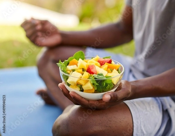Fototapeta Man meditating outdoors with colorful salad in hands focus on food. Healthy eating and relaxation concept