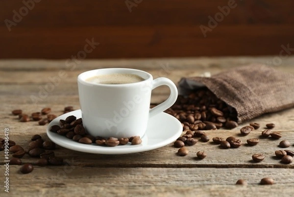 Obraz Aromatic coffee in cup and beans on wooden table, closeup