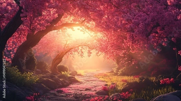 Fototapeta Dreamy Cherry Blossom Path: Pink petals carpet a sun-drenched forest trail.