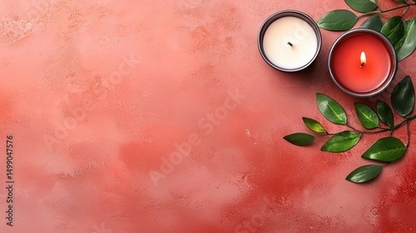 Obraz Red Textured Background with Burning Candles and Greenery