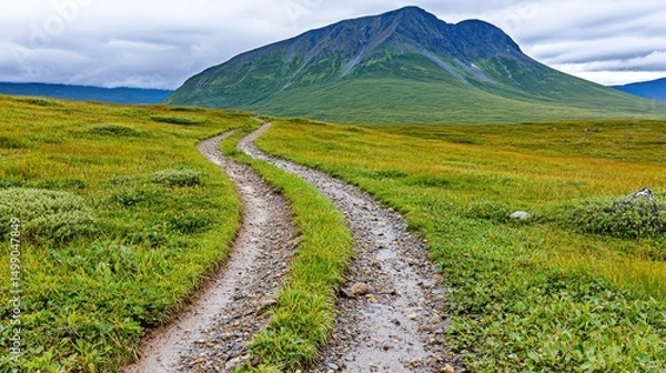 Obraz Muddy Road Through Lush Green Tundra Towards Mountain Under Cloudy