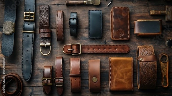Fototapeta A flat lay of leather belts and wallets mid-construction on a distressed wood surface, next to brass buckles, hand tools, and edge burnishers. Created Using: editorial craft styling,