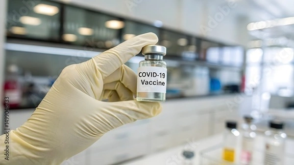 Obraz COVID-19 Vaccine Vial Held by Gloved Hand in Laboratory