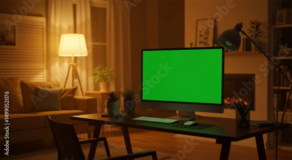 Fototapeta Home office workspace at night with computer monitor