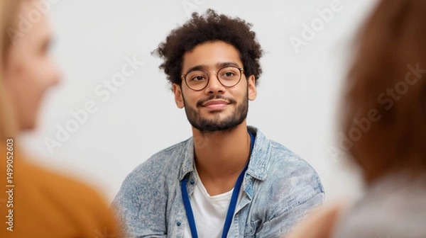 Fototapeta Young man intern listening carefully during casual feedback session with colleagues