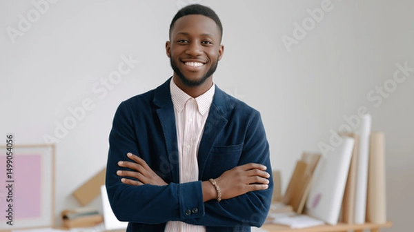 Fototapeta Smiling office worker standing with arms crossed in modern workspace with casual style