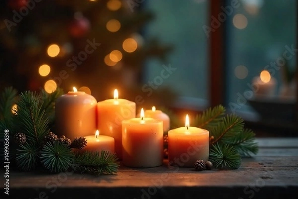 Fototapeta Warm, inviting glow of pine-scented candles illuminating a rustic wooden table, creating a cozy and peaceful atmosphere  Perfect for holiday, winter, or nature themes ,  ambiance,  winter,  glow