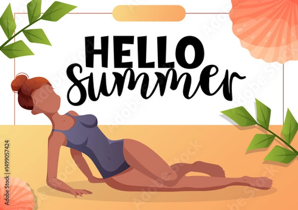 Fototapeta A summer vector banner with a girl lying on the beach in a swimsuit and the text Hello Summer. Great for social media, postcards, and promo use.
