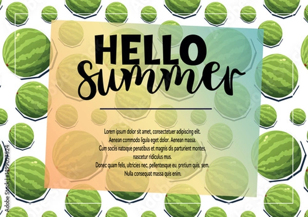 Fototapeta Bright summer vector banner with Hello Summer text and a seamless watermelon pattern. Perfect for seasonal advertising, blogs, or promotional content.