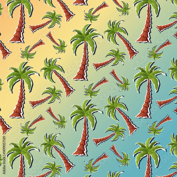 Fototapeta Vector seamless pattern with palm trees on a warm gradient background from yellow to blue. Suitable for packaging, fabric, decoration, and summer-themed design.