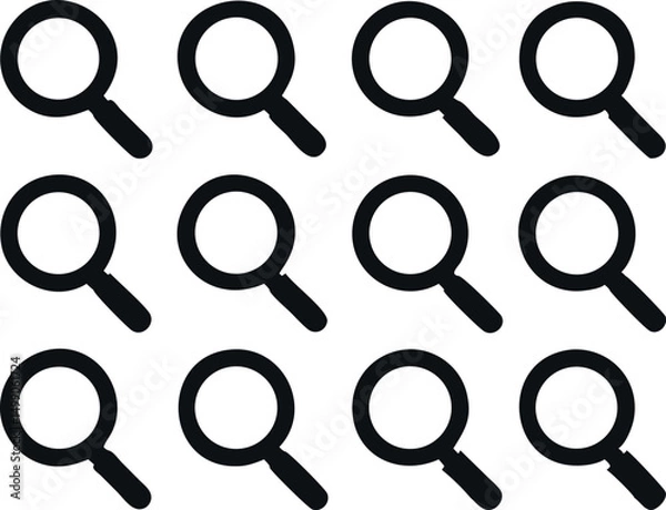 Fototapeta A repeating pattern of black outline magnifying glass icons on a white background.