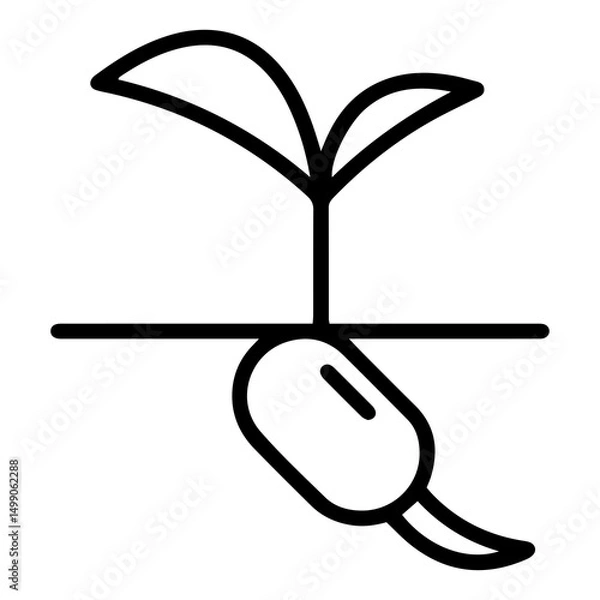 Fototapeta Germination depicted (outline style): a seed sends a root downwards into the soil while a shoot with nascent leaves ascends. This visual concisely represents the initial and vital phase of plant
