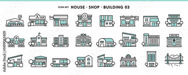 Obraz 家、飲食店、学校、百貨店などシンプルデザインのアイコン素材セット
