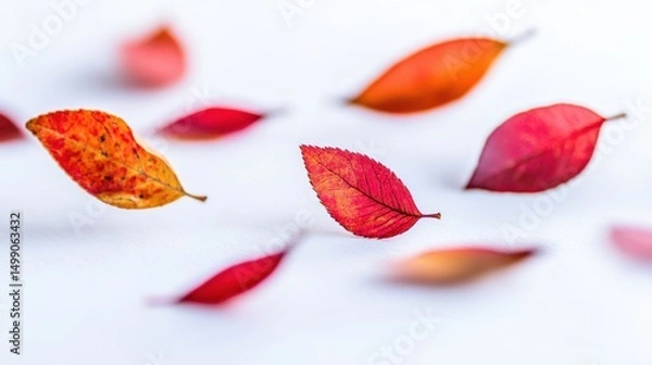 Fototapeta Colorful Autumn Leaves Floating Gracefully on a Light Background