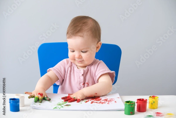 Obraz child is drawing on white sheets with finger paints