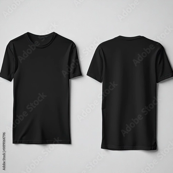 Fototapeta Black t-shirt mockup. Front and back views of a blank shirt design template for apparel, fashion, and branding projects with a clean aesthetic background.
