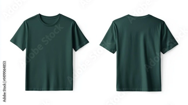 Fototapeta T-shirt mockup. Dark green blank t-shirt front and back views for apparel design. Stylish male clothing template for branding and printing projects.