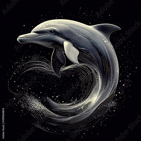 Obraz Graceful dolphin leaping, stylized in dark tones, with swirling water