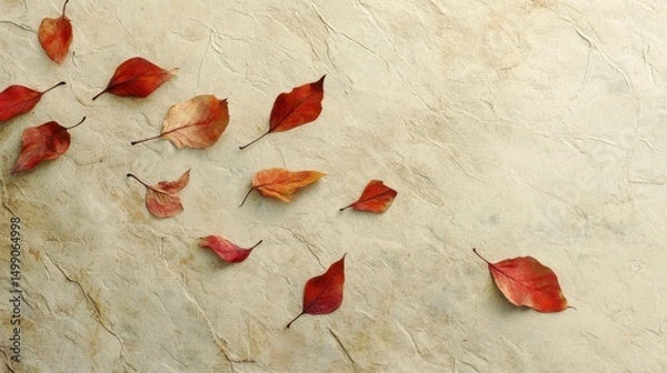 Fototapeta Fallen Red Leaves on a Textured Beige Background in Autumn Season