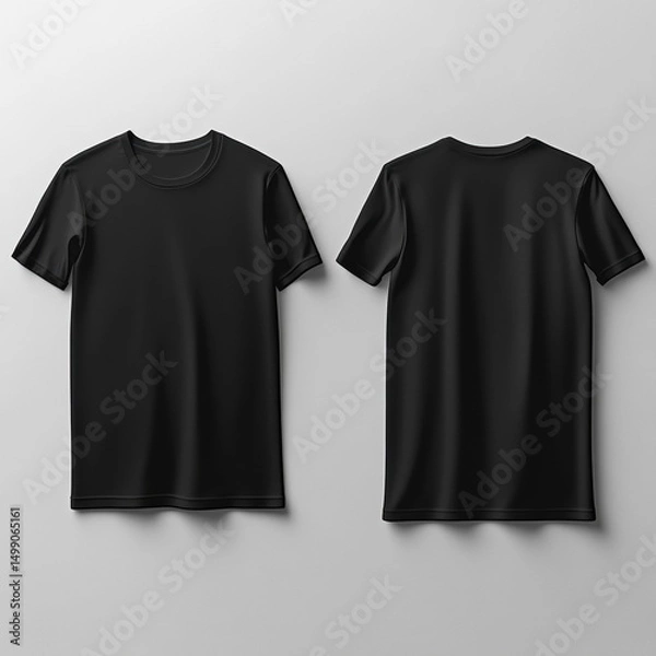 Fototapeta Black t-shirt mockup. Front and back views of a plain black tee for apparel design, branding, and promotional use. Template for graphic designers and retailers.