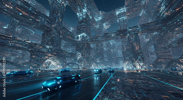 Obraz Futuristic urban transport vision showcasing streamlined vehicles navigating an awe-inspiring digitally enhanced metropolis at night