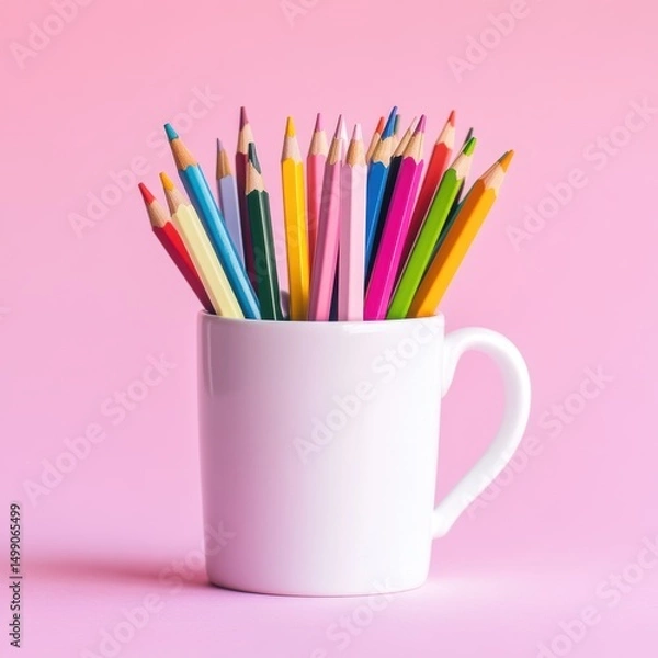Fototapeta Colorful pencils in a white cup on a pink background. Art supplies for drawing, sketching, and creative projects. Workspace organization and inspiration.