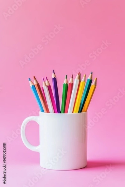 Fototapeta Colorful pencils in white mug on pink background. Vibrant art supplies for creative projects, school, or office use. Ideal for stationery and design themes.