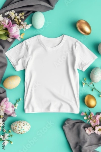Fototapeta Blank white t-shirt mockup with rounded collar, flat lay design, styled with pastel Easter decorations, perfect for apparel branding and product showcasing.