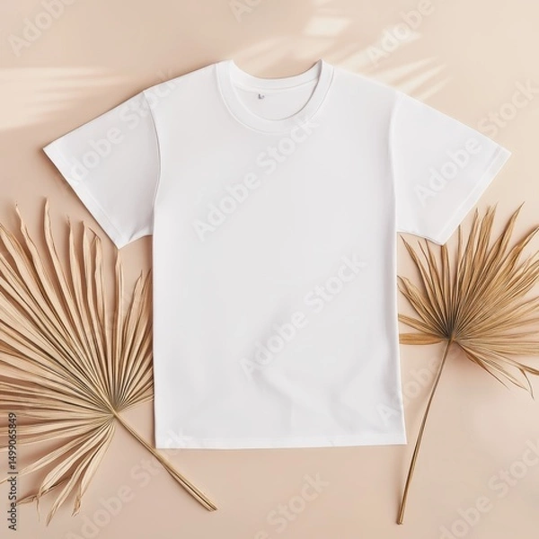 Fototapeta Blank white t-shirt mockup on beige background with palm leaves. Front view of unisex apparel for graphic design, branding, and promotional use.
