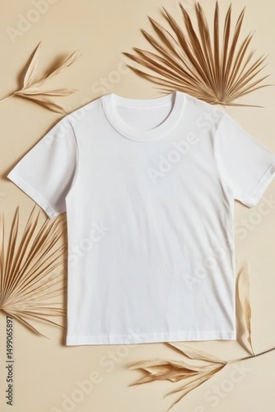 Fototapeta Blank white t-shirt mockup. Front and back views on a beige background with decorative leaves. Perfect for apparel design and fashion branding templates.