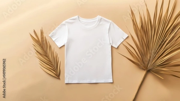 Fototapeta Blank t-shirt mockup on sandy background. Front view of white cotton tee with palm leaves. Custom apparel design template for clothing brands.