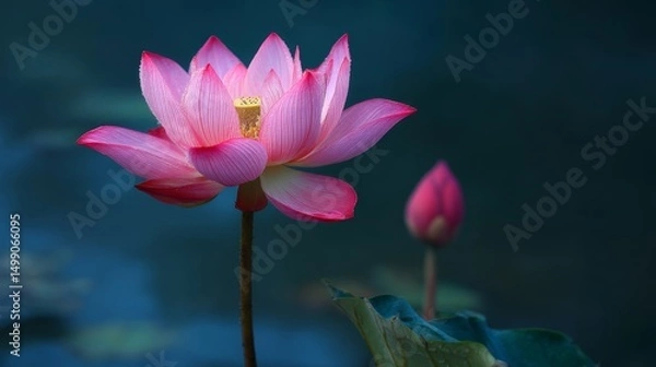 Fototapeta A complex petals pink lotus flower blooms in dim light lake, calm and peaceful scenery 