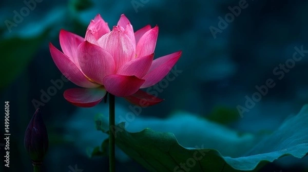 Fototapeta A complex petals pink lotus flower blooms in dim light lake, calm and peaceful scenery 