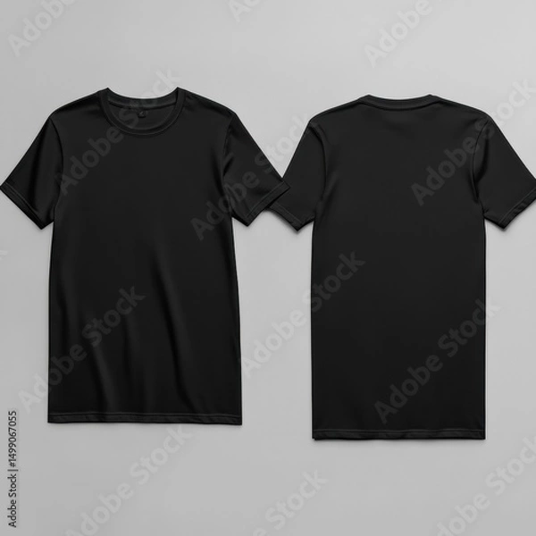 Fototapeta Black t-shirt mockup, front and back views. Blank apparel design template for custom graphics, clothing brands, and fashion marketing strategies.