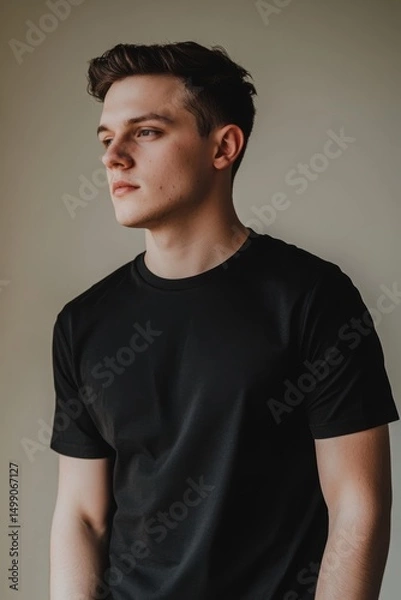 Fototapeta Black t-shirt mockup for men. Front view of male model wearing plain black tee on neutral background, perfect for apparel designs and branding.