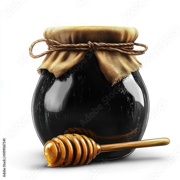 Obraz Dark honey in a vintage-style jar with a wooden honey dipper
