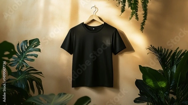 Fototapeta Black t-shirt mockup. Front view on hanger surrounded by greenery. Blank apparel for fashion designs, customizable t-shirt templates for printing.